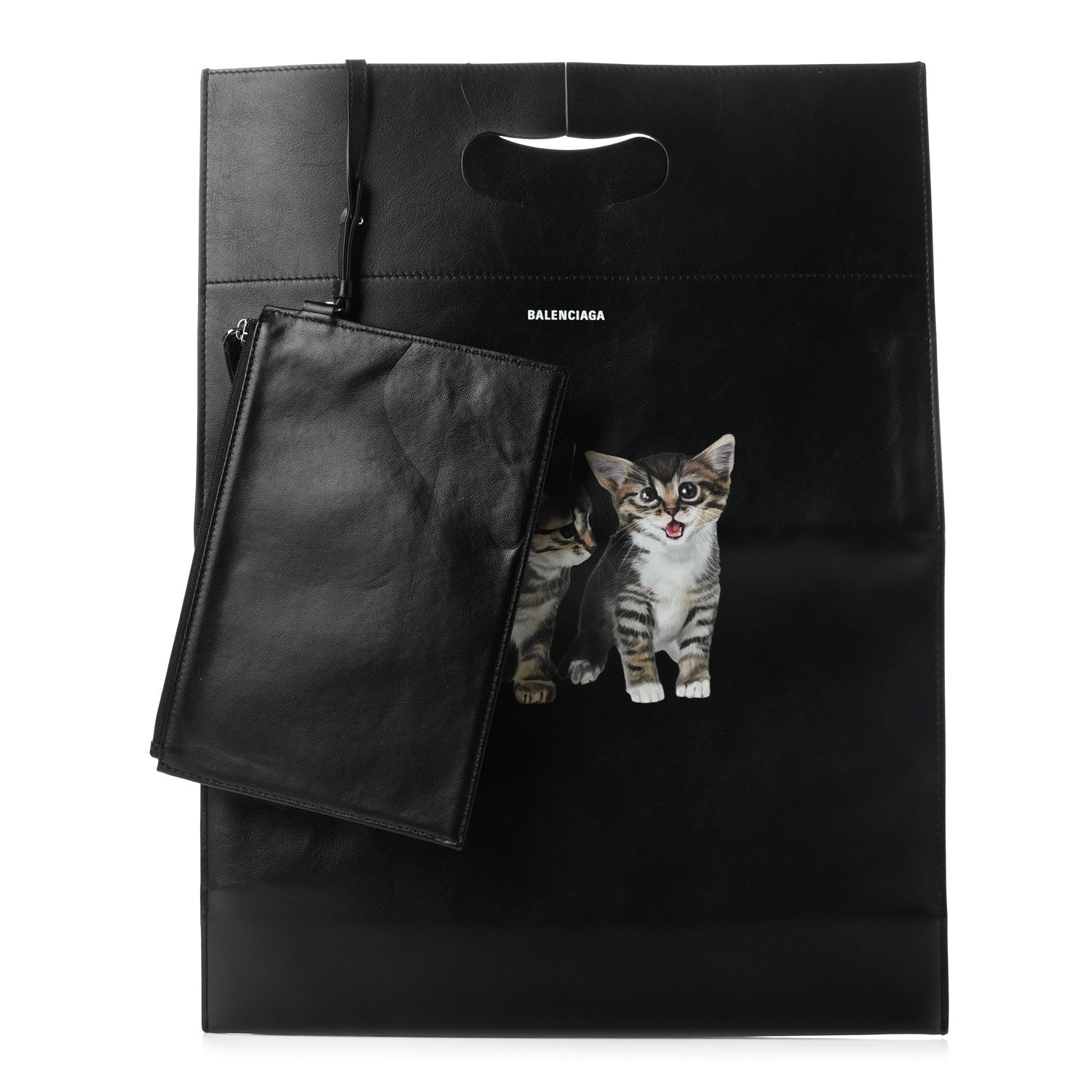 Balenciaga Calfskin Printed Kitten Plastic Bag Shopper S Black 1 of 10