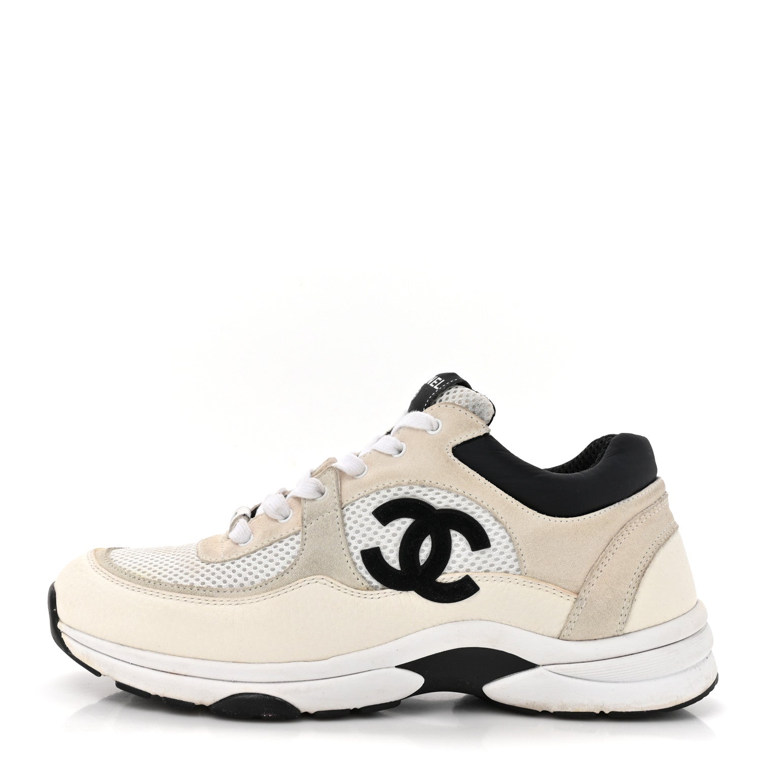Chanel Mesh Suede Calfskin Grained Calfskin Womens CC Sneakers 41 White Black 1 of 9