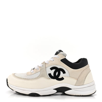Chanel Mesh Suede Calfskin Grained Calfskin Womens CC Sneakers 41 White Black 1 of 9
