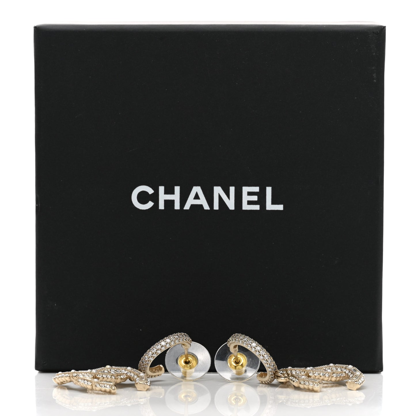 Crystal Baguette Pearl CC Drop Hoop Earrings Gold Pearly White