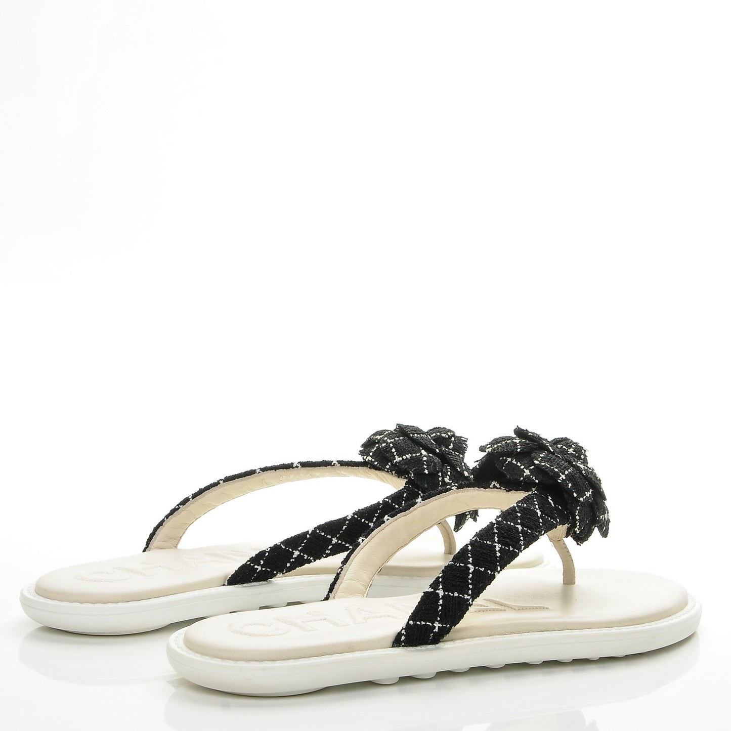 Tweed Quilted Camellia Thong Sandals 39.5 Black White