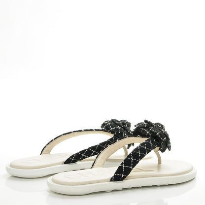 Chanel Tweed Quilted Camellia Thong Sandals 39.5 Black White 4 of 9