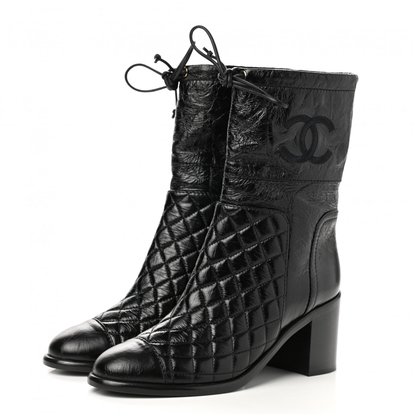 Crumpled Calfskin Quilted Cap Toe Short Boots 37 Black