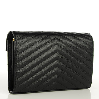 Saint Laurent Grain De Poudre Matelasse Chevron Medium Monogram Chain Wallet Black 3 of 7