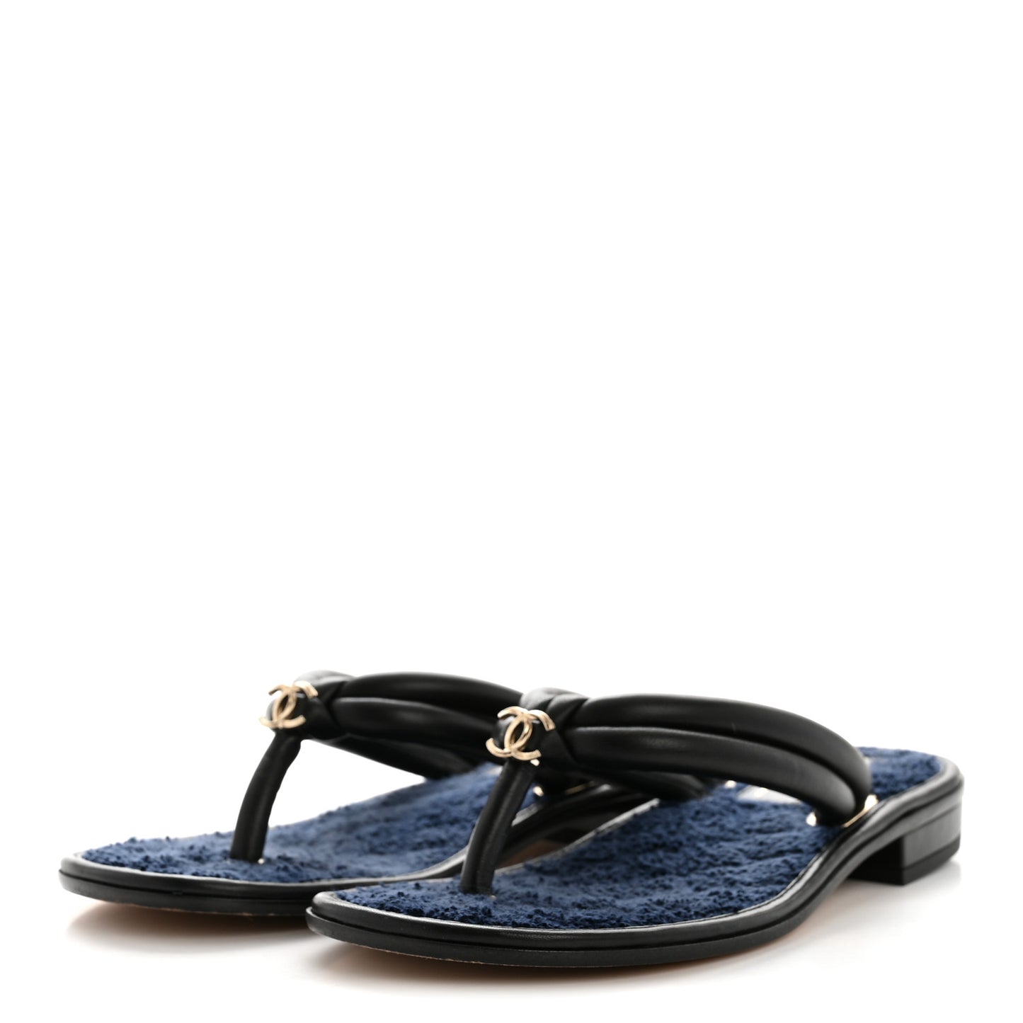 Lambskin Terry Cloth CC Thong Sandals 36 Black Dark Navy