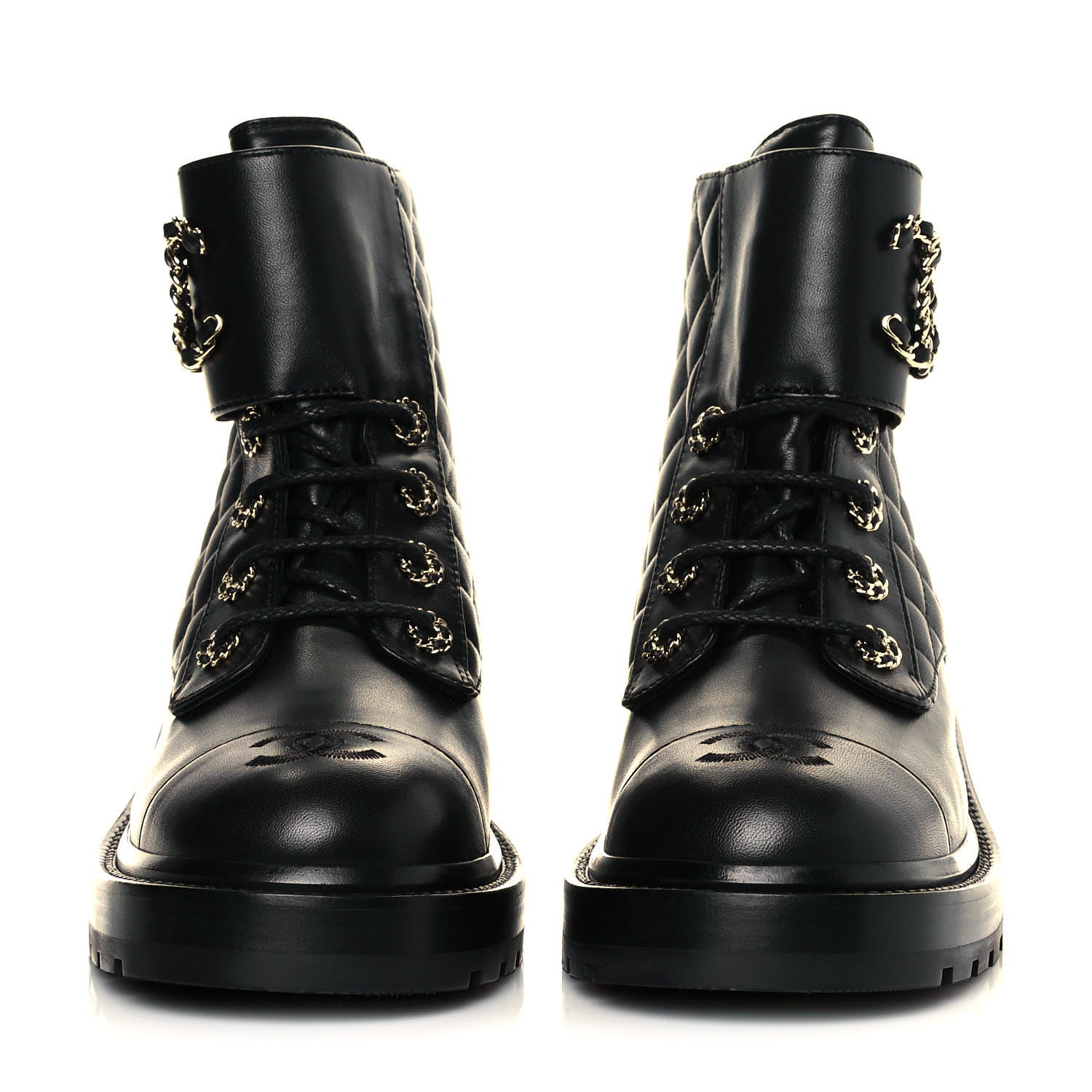 Chanel Shiny Lambskin Quilted Lace Up Combat Boots 39 Black 2 of 8
