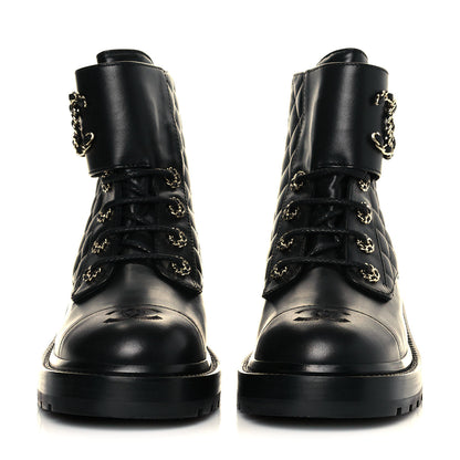 Chanel Shiny Lambskin Quilted Lace Up Combat Boots 39 Black 2 of 8