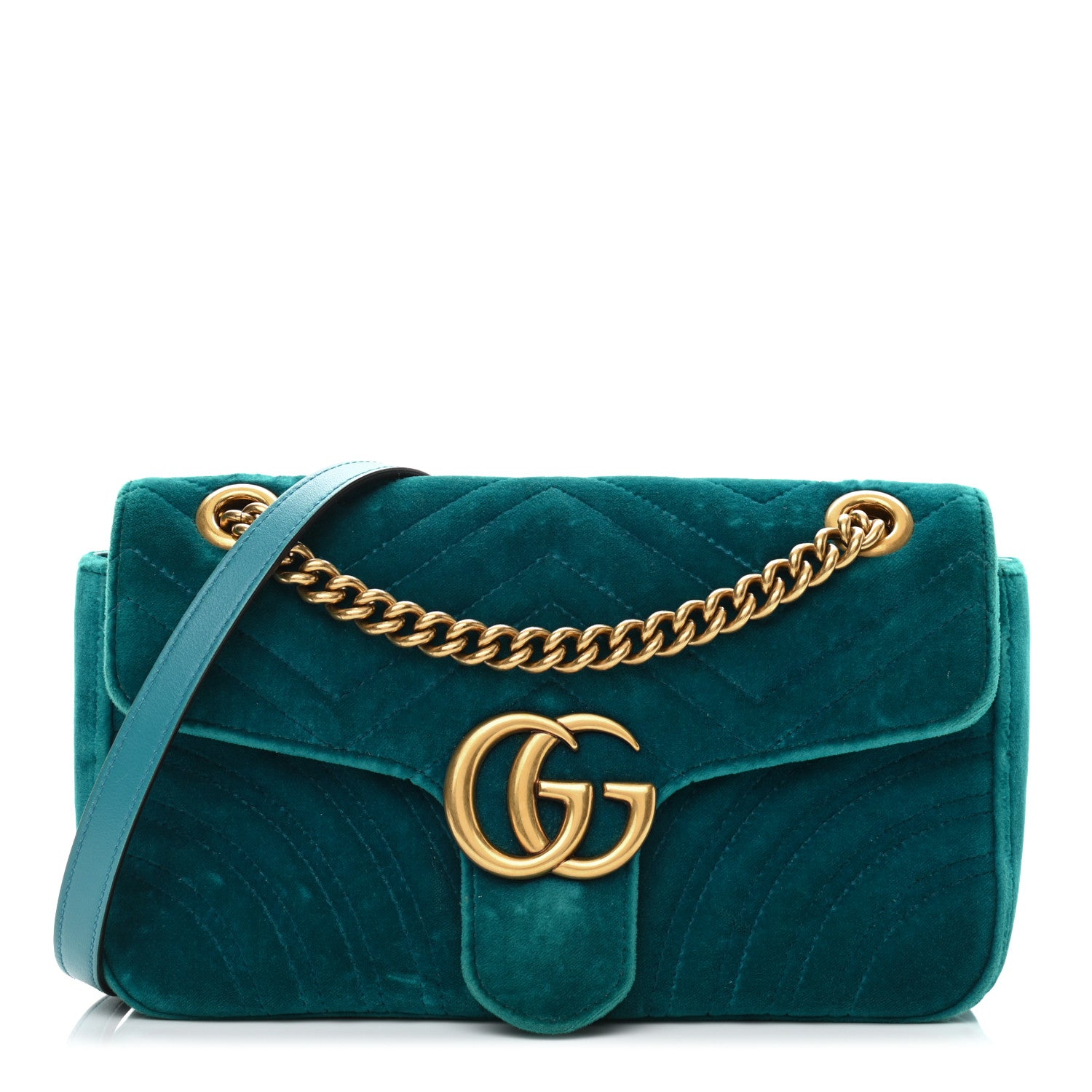 Gucci Velvet Matelasse Small GG Marmont Shoulder Bag Pavone Cyan 1 of 11