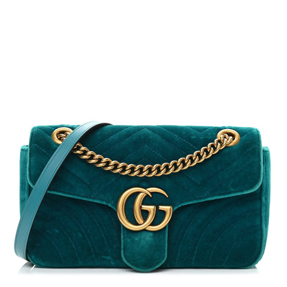 Gucci Velvet Matelasse Small GG Marmont Shoulder Bag Pavone Cyan 1 of 11