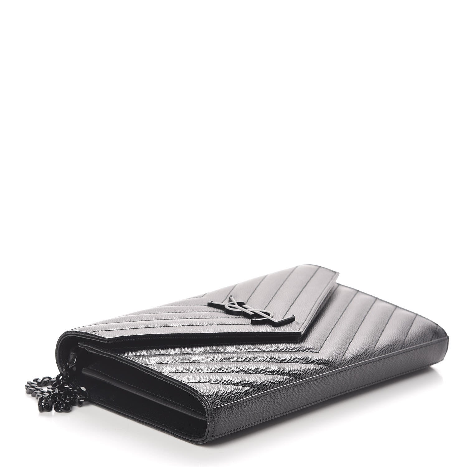 Saint Laurent Grain De Poudre Matelasse Chevron Monogram Chain Wallet Black 4 of 10