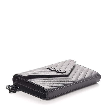 Saint Laurent Grain De Poudre Matelasse Chevron Monogram Chain Wallet Black 4 of 10