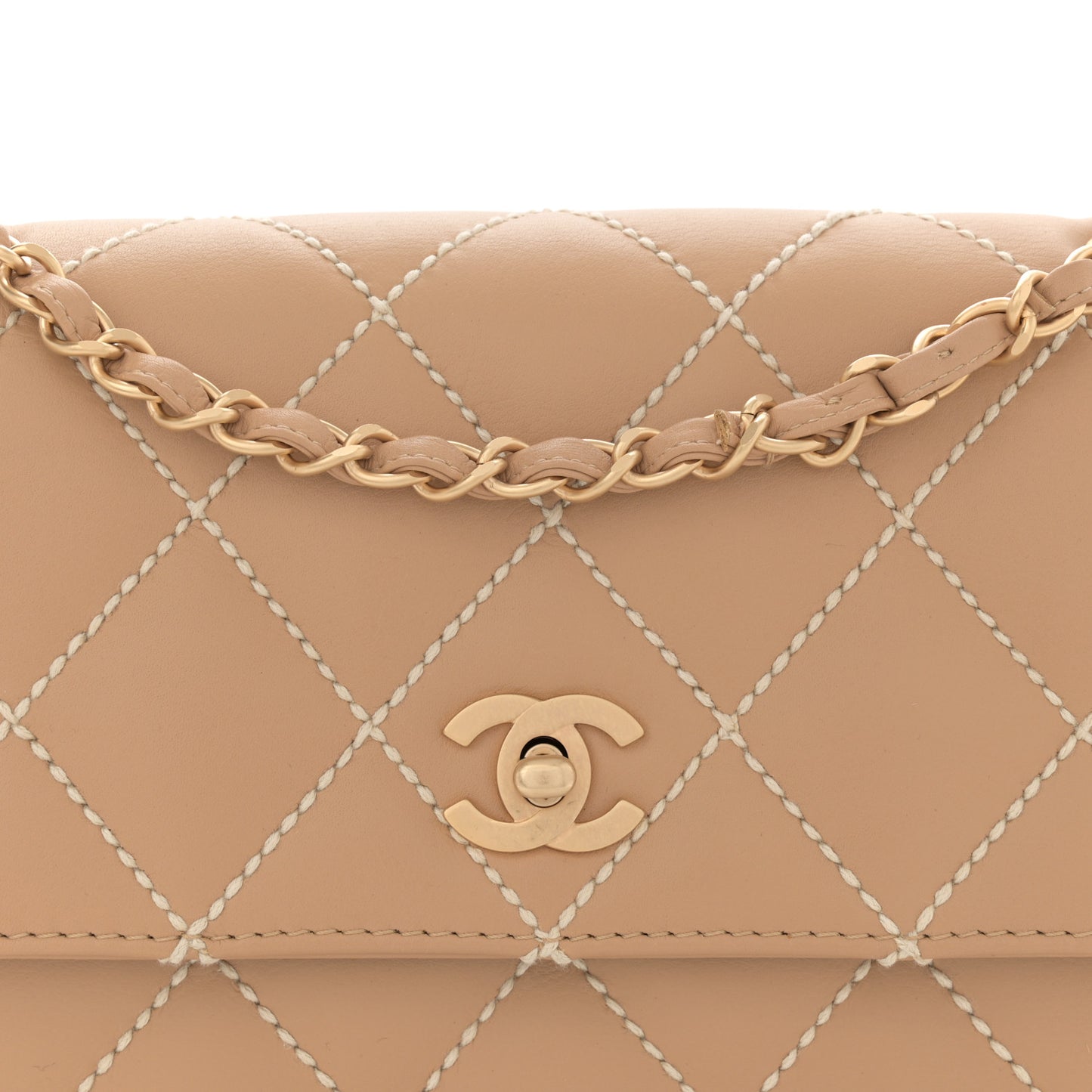 Calfskin Quilted Medium Wild Stitch Flap Beige