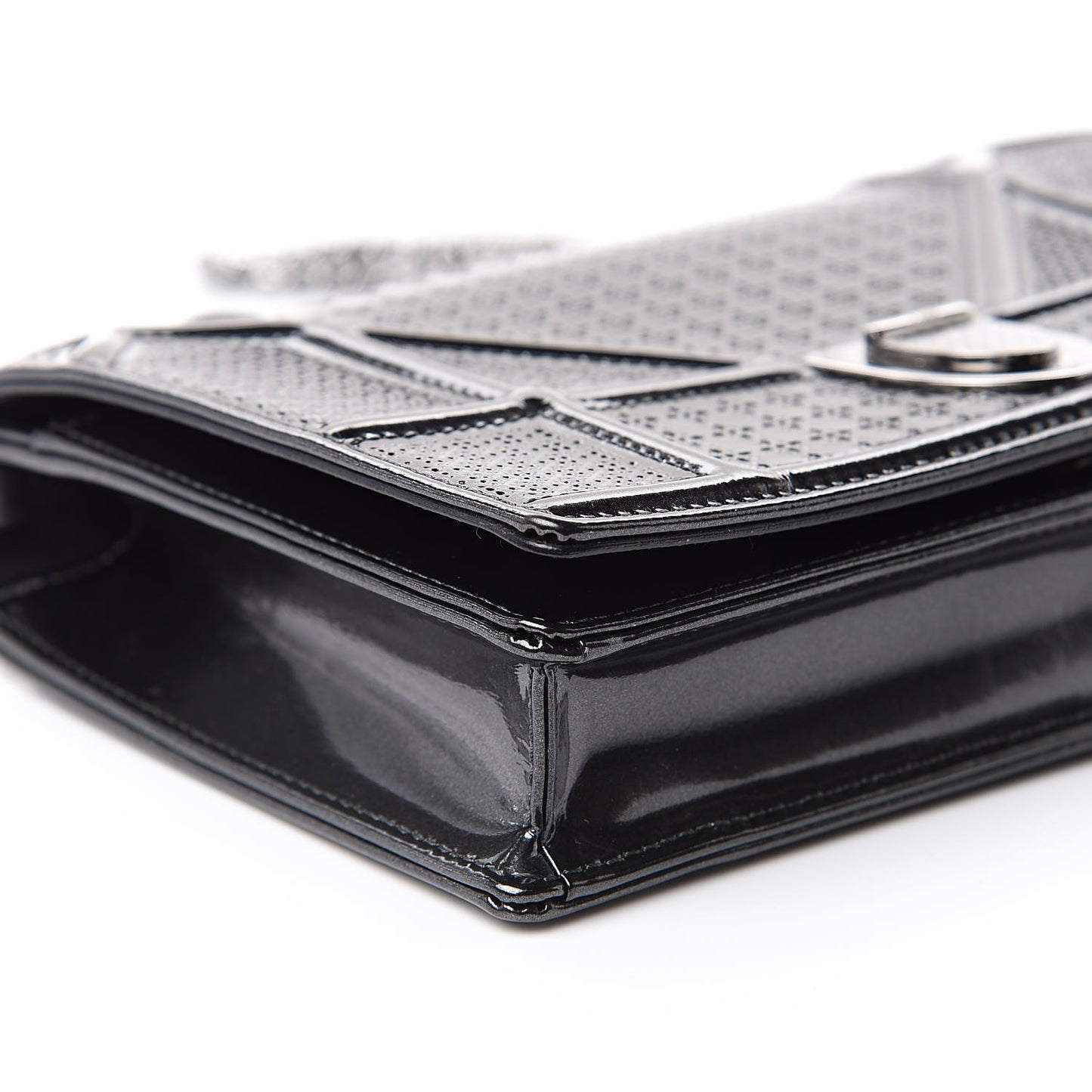 Metallic Patent Micro-Cannage Diorama Wallet on Chain Pouch Onyx Black