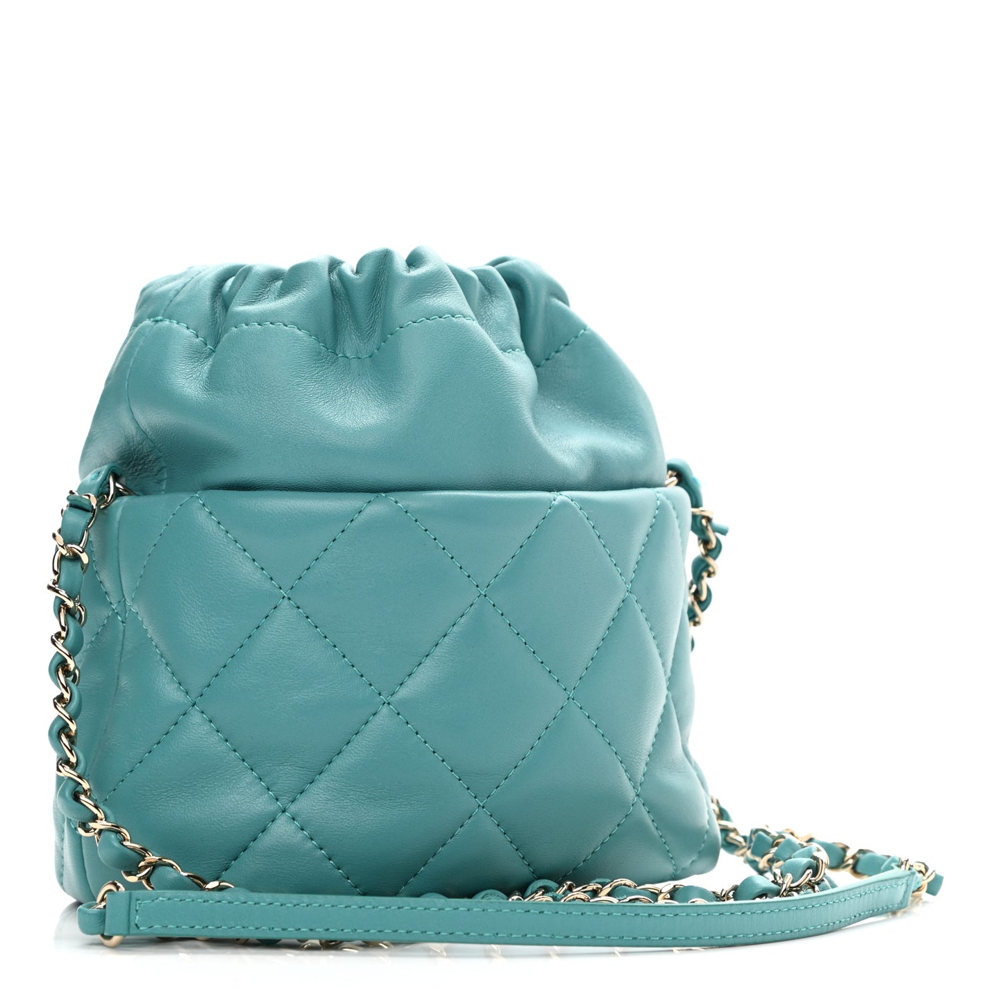 Lambskin Quilted Mini Pearl CC Drawstring Bucket Bag Blue
