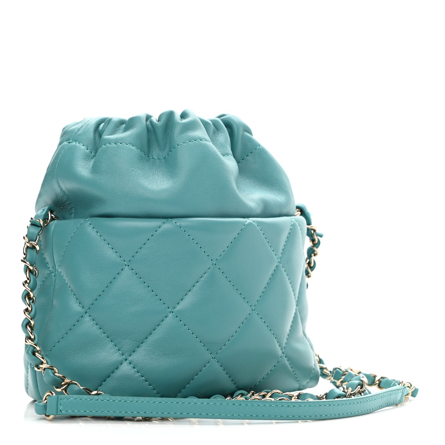 Chanel Lambskin Quilted Mini Pearl CC Drawstring Bucket Bag Blue 3 of 10