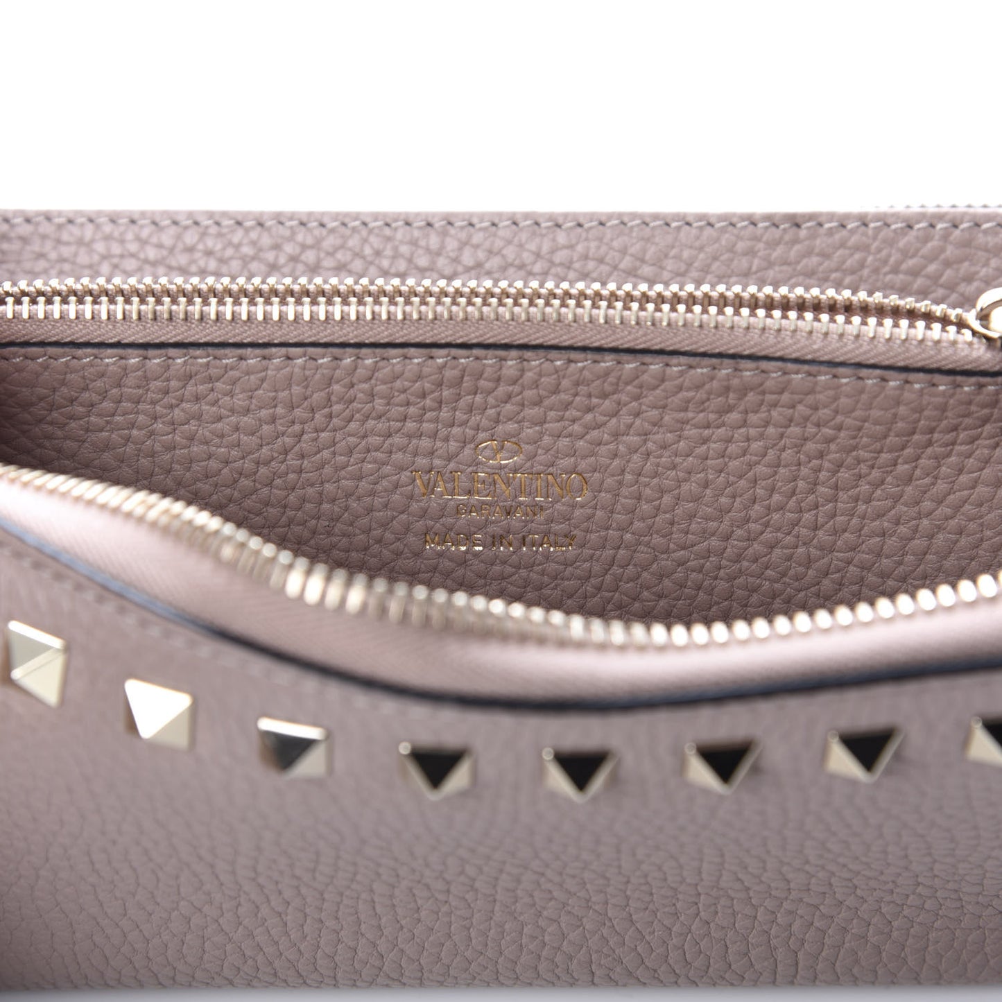 Grained Calfskin Rockstud Zip Around Wallet Poudre