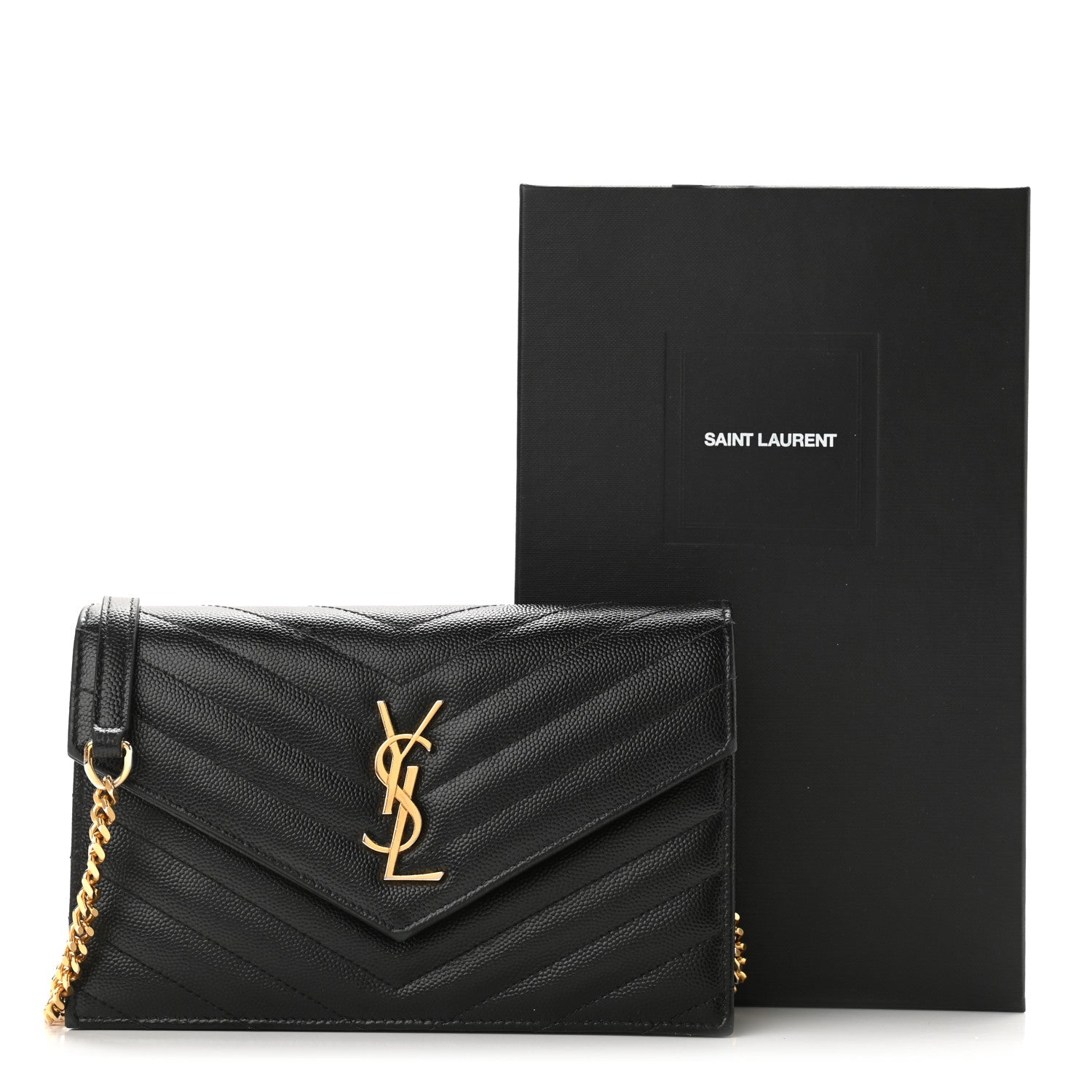 Saint Laurent Grain De Poudre Matelasse Chevron Monogram Envelope Chain Wallet Black 13 of 13