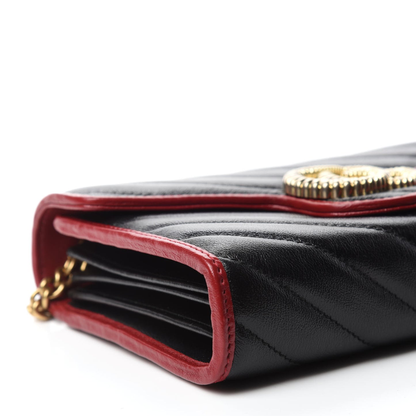 Vintage Effect Calfskin Matelasse Diagonal Torchon GG Marmont Chain Wallet Black Romantic Cherry