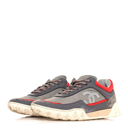 Chanel Wool Nylon Lambskin Suede Calfskin Womens Logo Sneakers 37.5 Grey Orange 3 of 9