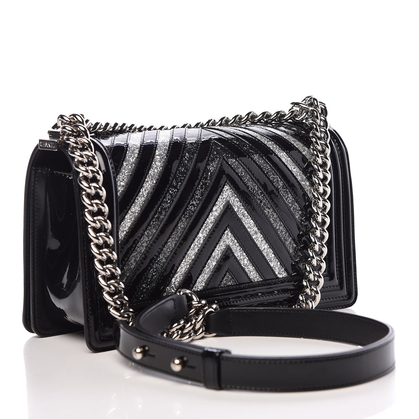 Patent Glitter PVC Chevron Quilted Medium Boy Flap Black Silver