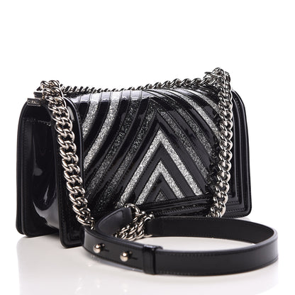 Chanel Patent Glitter PVC Chevron Quilted Medium Boy Flap Black Silver 3 of 11