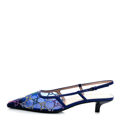 Gucci Tela Retino Nappa Charlotte Crystal GG Monogram Square G 35mm Slingback Pumps 37.5 Splash Net Blue Witch 1 of 8