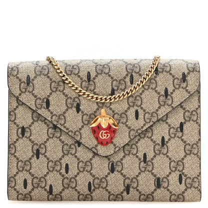 Gucci GG Supreme Monogram Strawberry Seed Textured Dollar Calfskin Enamel Double G Strawberry Wallet On Chain Beige Ebony Black New Acero Hibiscus Red 1 of 11