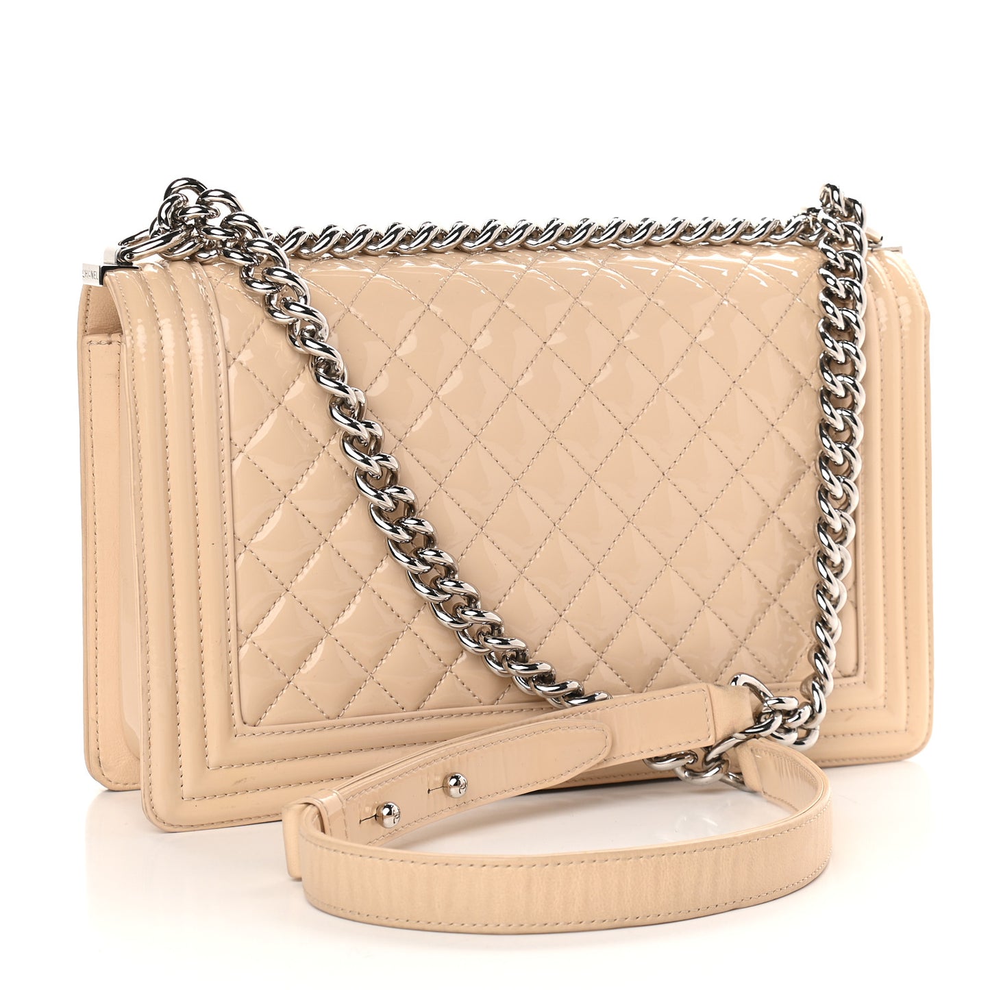 Patent Calfskin New Medium Boy Flap Plexiglass Beige