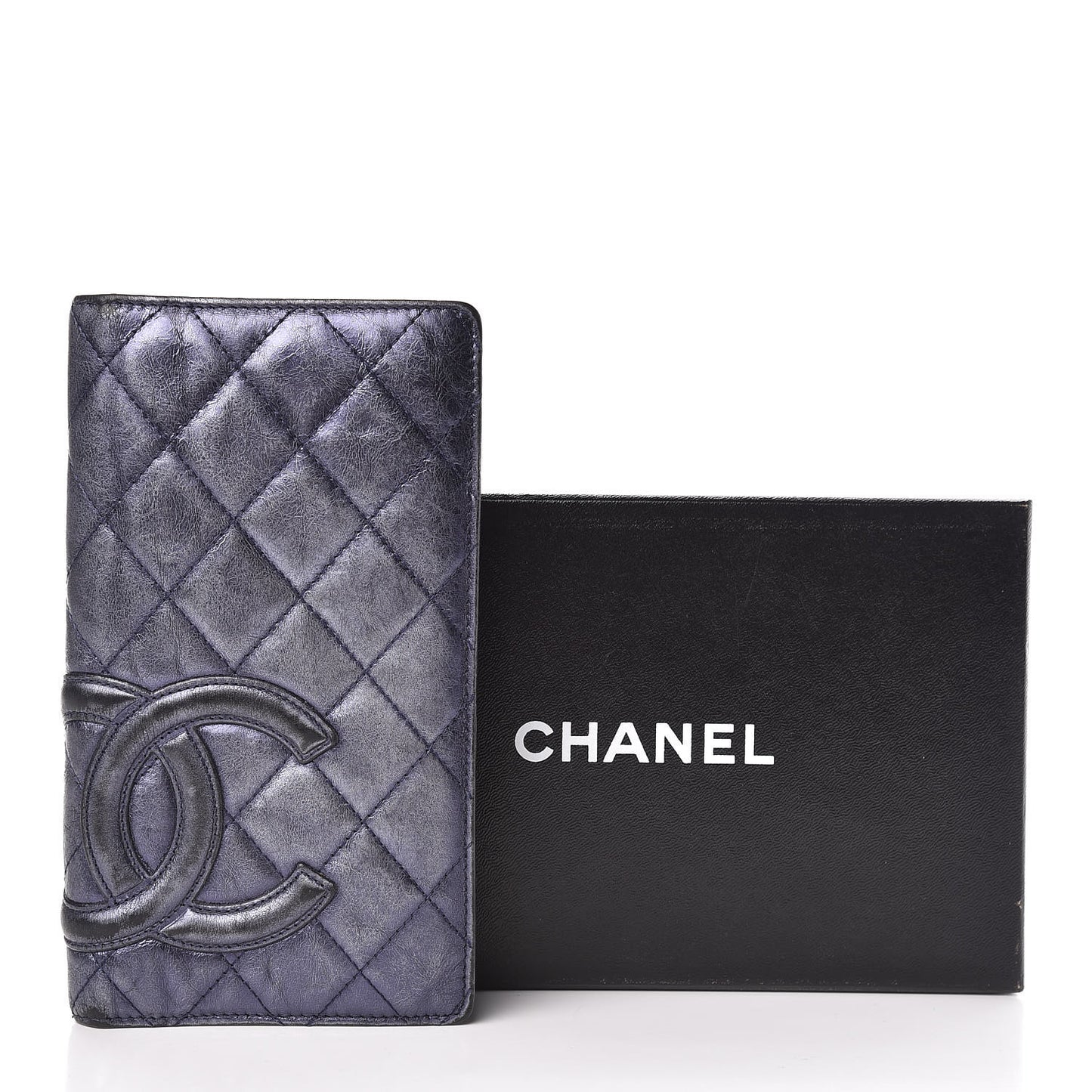 Metallic Calfskin Cambon Quilted Yen Wallet Blue