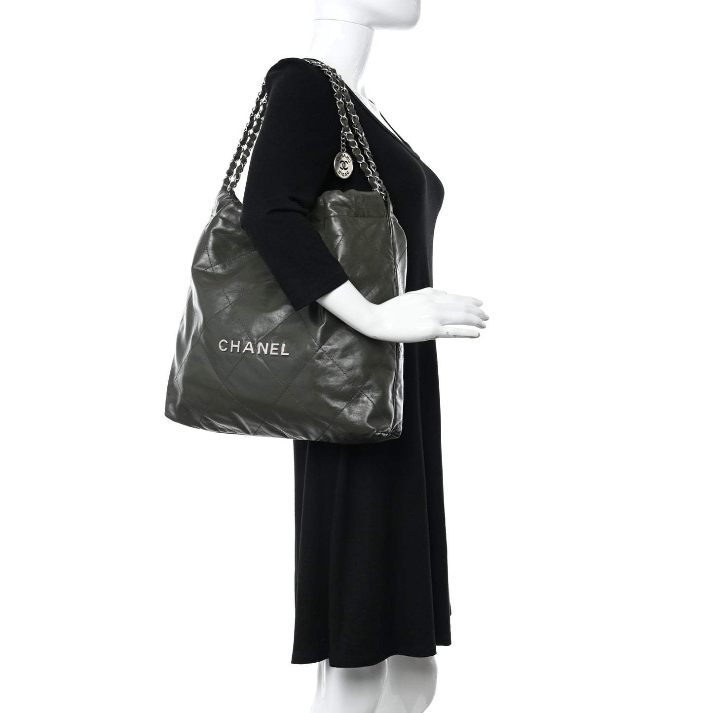 Shiny Calfskin Quilted Chanel 22 Khaki