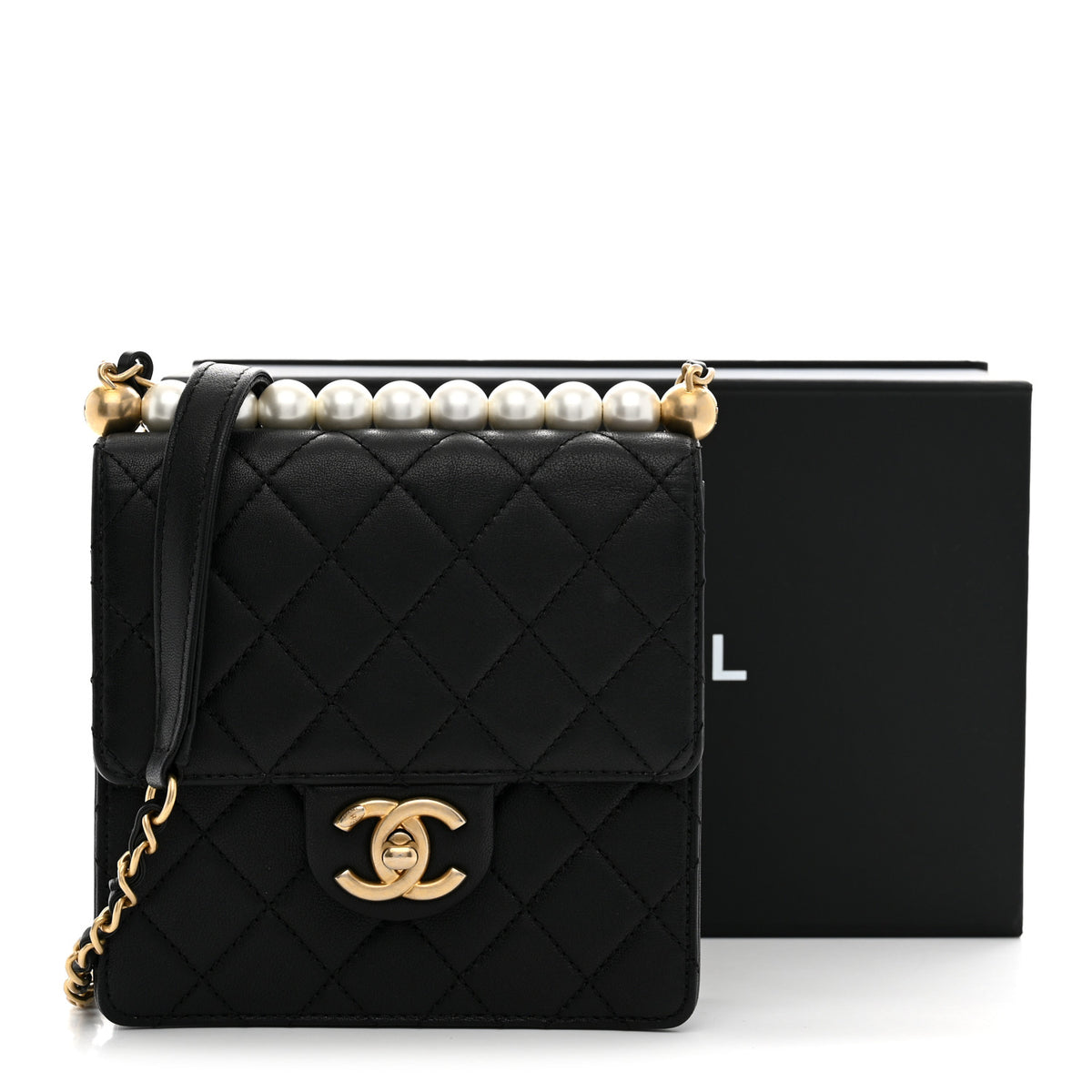 Goatskin Quilted Chic Pearls Flap Black