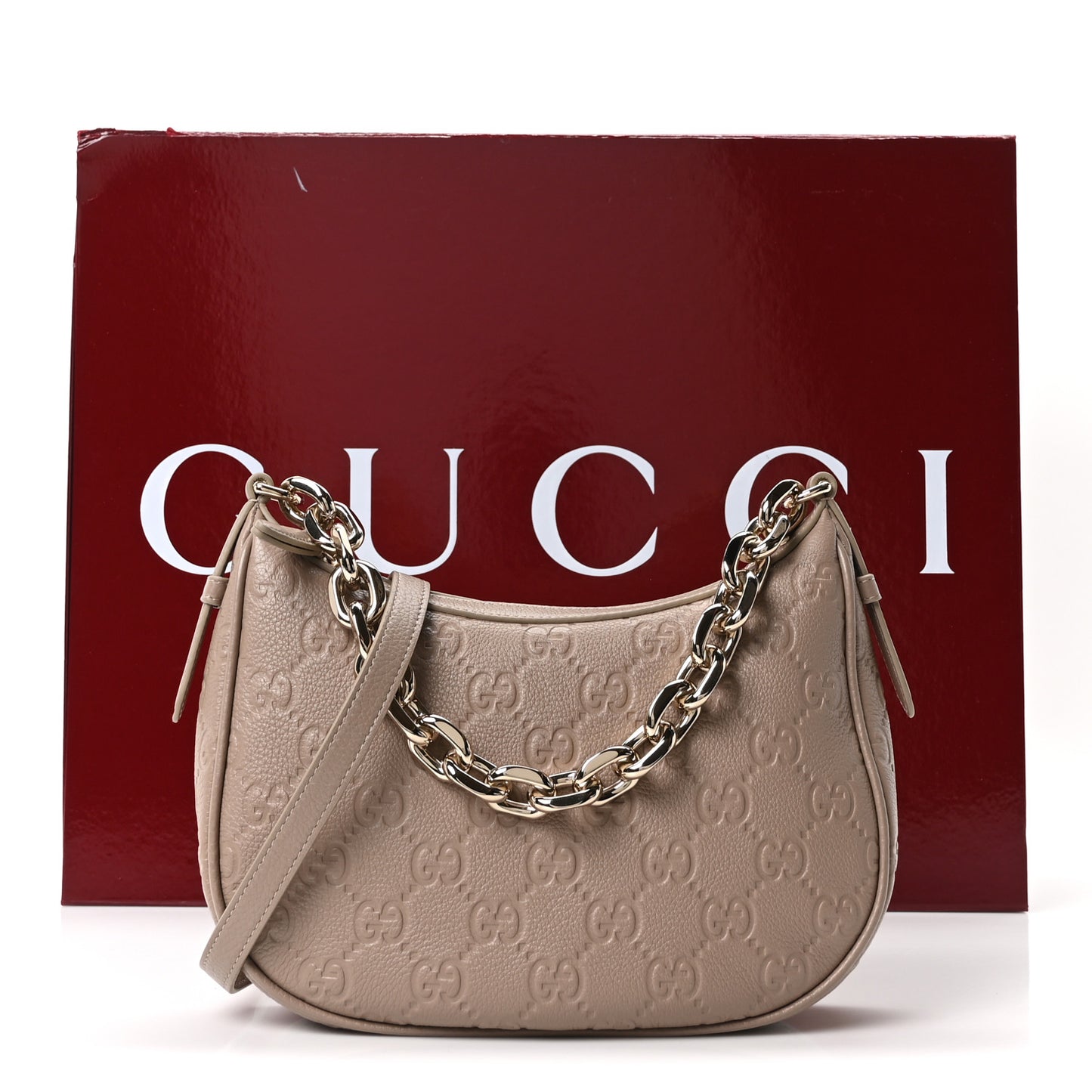 GG Grainy Calfskin Emblem Medium Half Moon Shoulder Bag Taupe