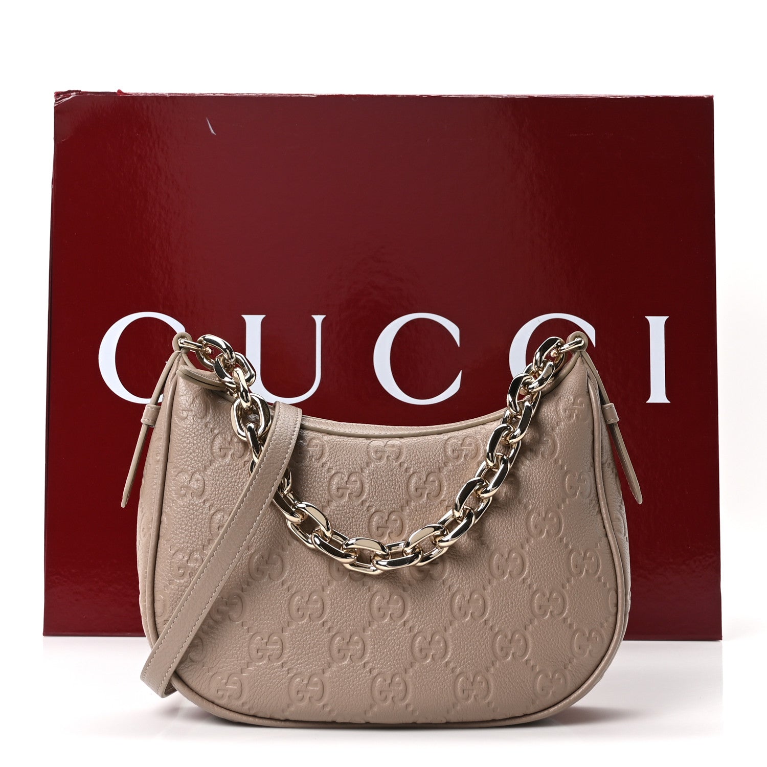 Gucci GG Grainy Calfskin Emblem Medium Half Moon Shoulder Bag Taupe 11 of 11