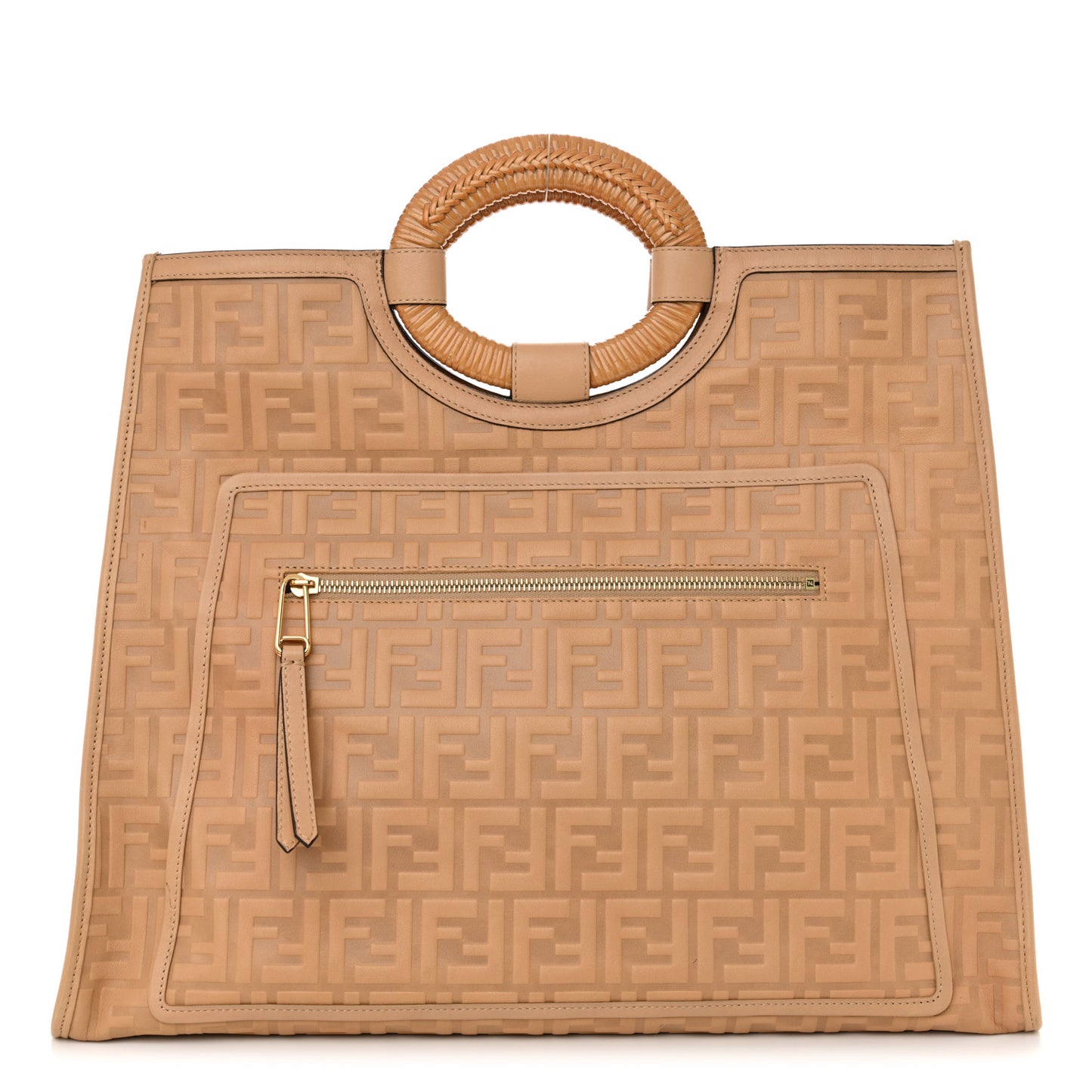 Vitello Cristallo Nature Wicker FF 1974 Embossed Large Runaway Shopper Tote Makeup