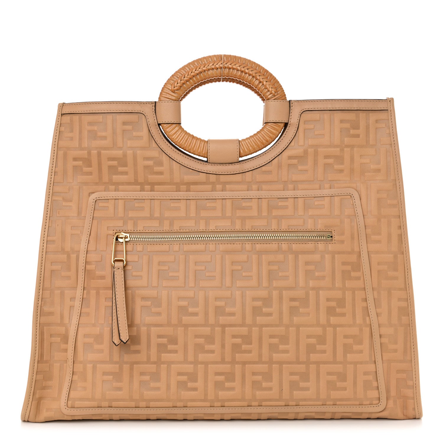 Fendi Vitello Cristallo Nature Wicker FF 1974 Embossed Large Runaway Shopper Tote Makeup 1 of 12
