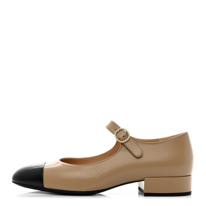 Chanel Shiny Calfskin Cap Toe Mary Jane Low Heel Strap Pumps 37 Beige Black 1 of 9