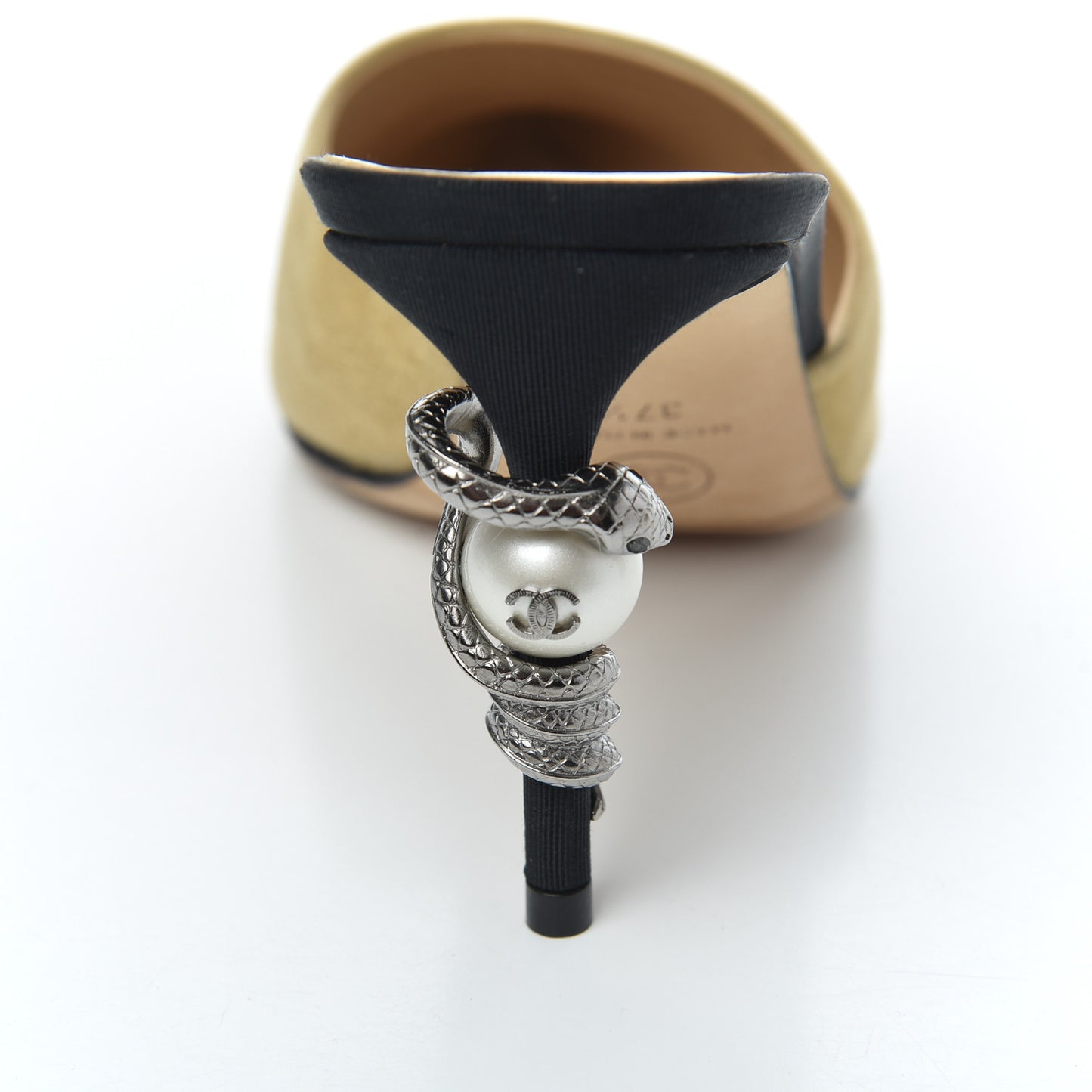 Suede Grosgrain Cap Toe Snake Pearl Mule 37.5 Beige Black
