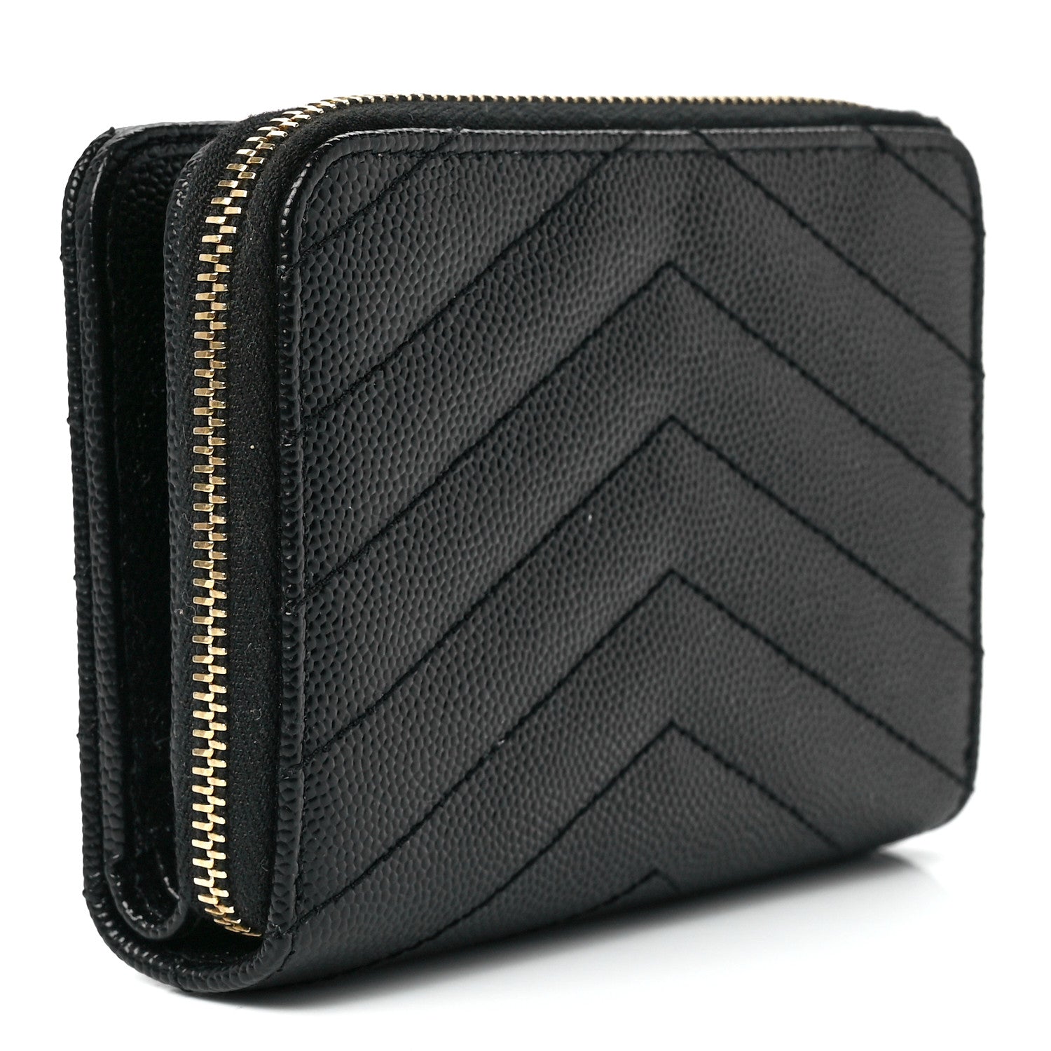 Saint Laurent Grain De Poudre Matelasse Chevron Monogram Compact Zip Around Wallet Black 3 of 12