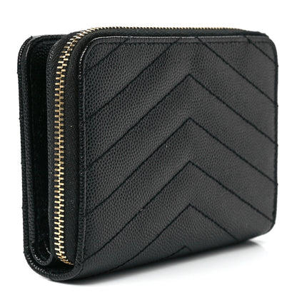 Saint Laurent Grain De Poudre Matelasse Chevron Monogram Compact Zip Around Wallet Black 3 of 12