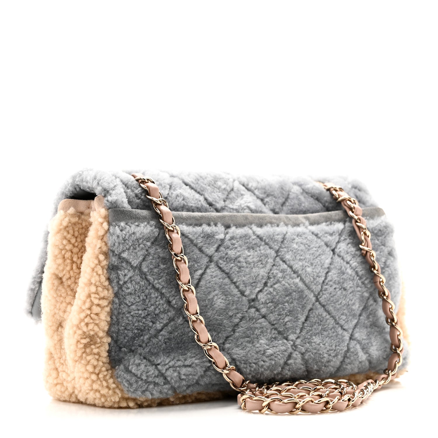 Chanel Shearling Sheepskin Single Flap Gray Pink Beige 1807137