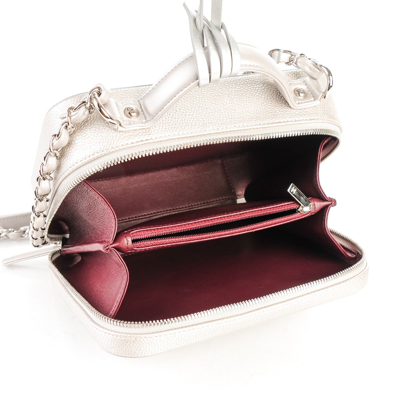 Metallic Caviar Quilted Medium CC Filigree Vanity Case Silver