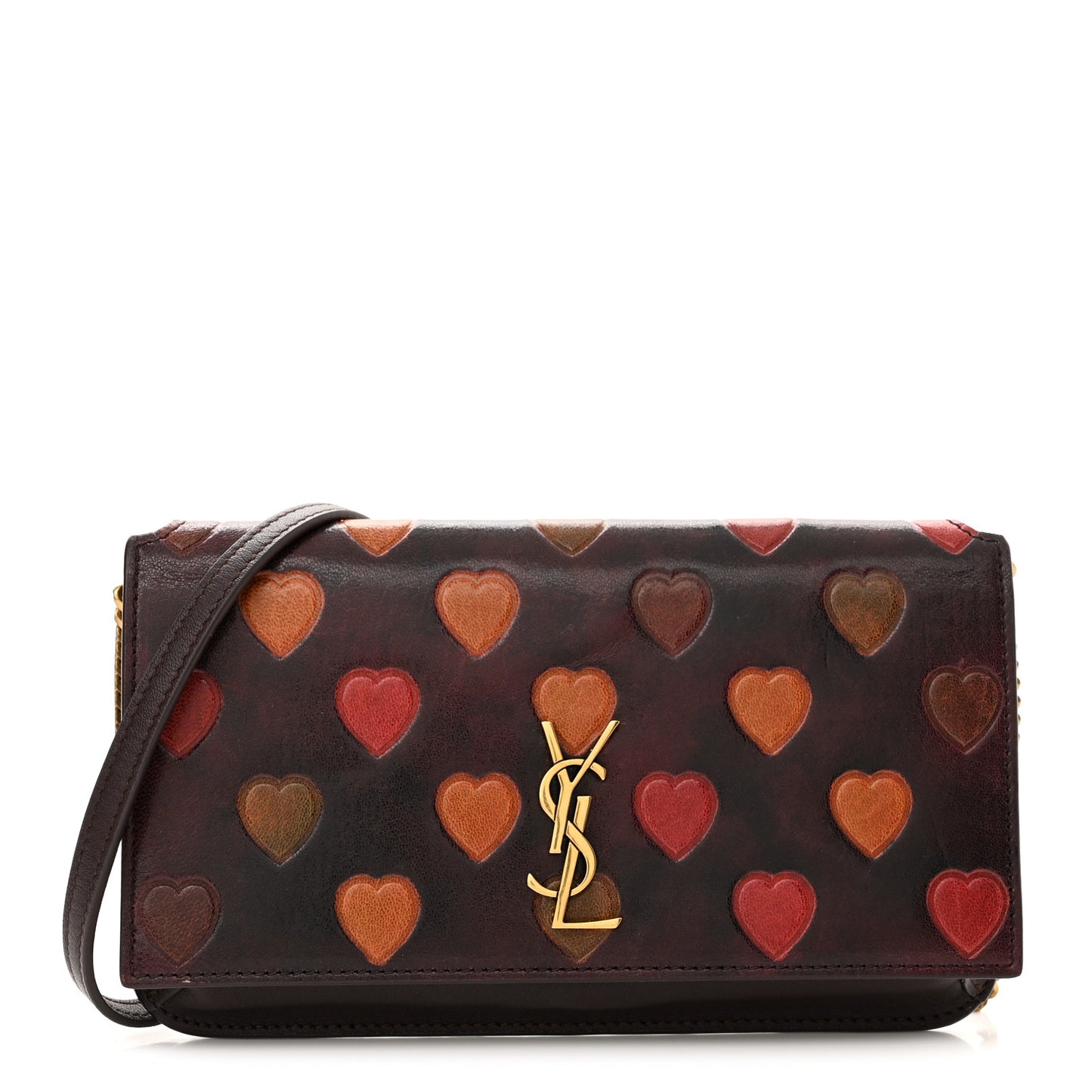 Lambskin Heart Embossed Monogram Chain Wallet Vintage Cognac