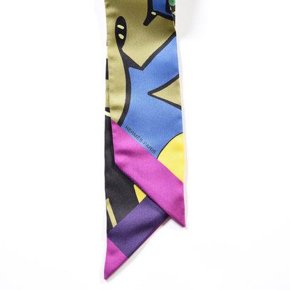 Hermes Silk Graff Graffiti Twilly Fuchsia Kaki Jaune 2 of 4