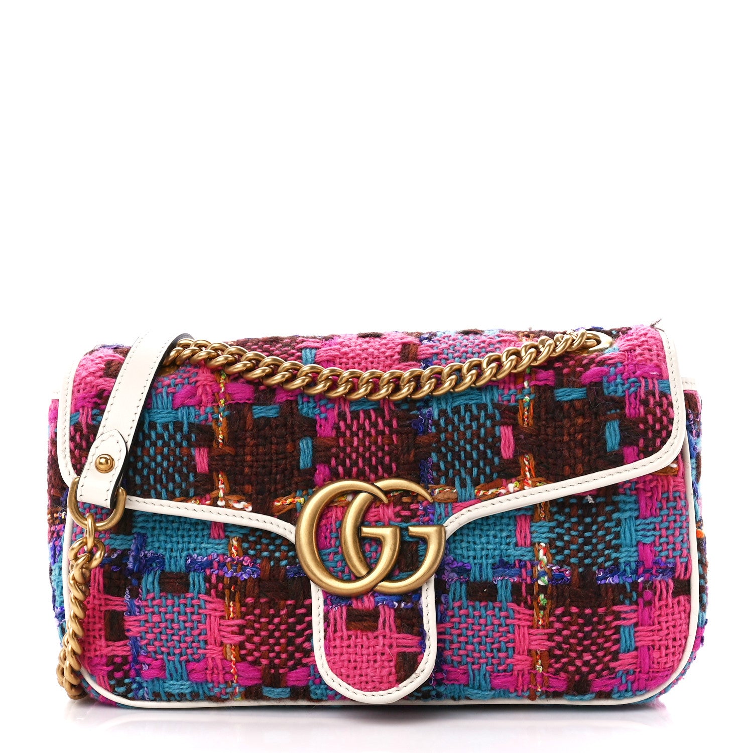 Gucci Tweed Calfskin Spicy Check Small GG Marmont Shoulder Bag Pink Multicolor Mystic White 9 of 11