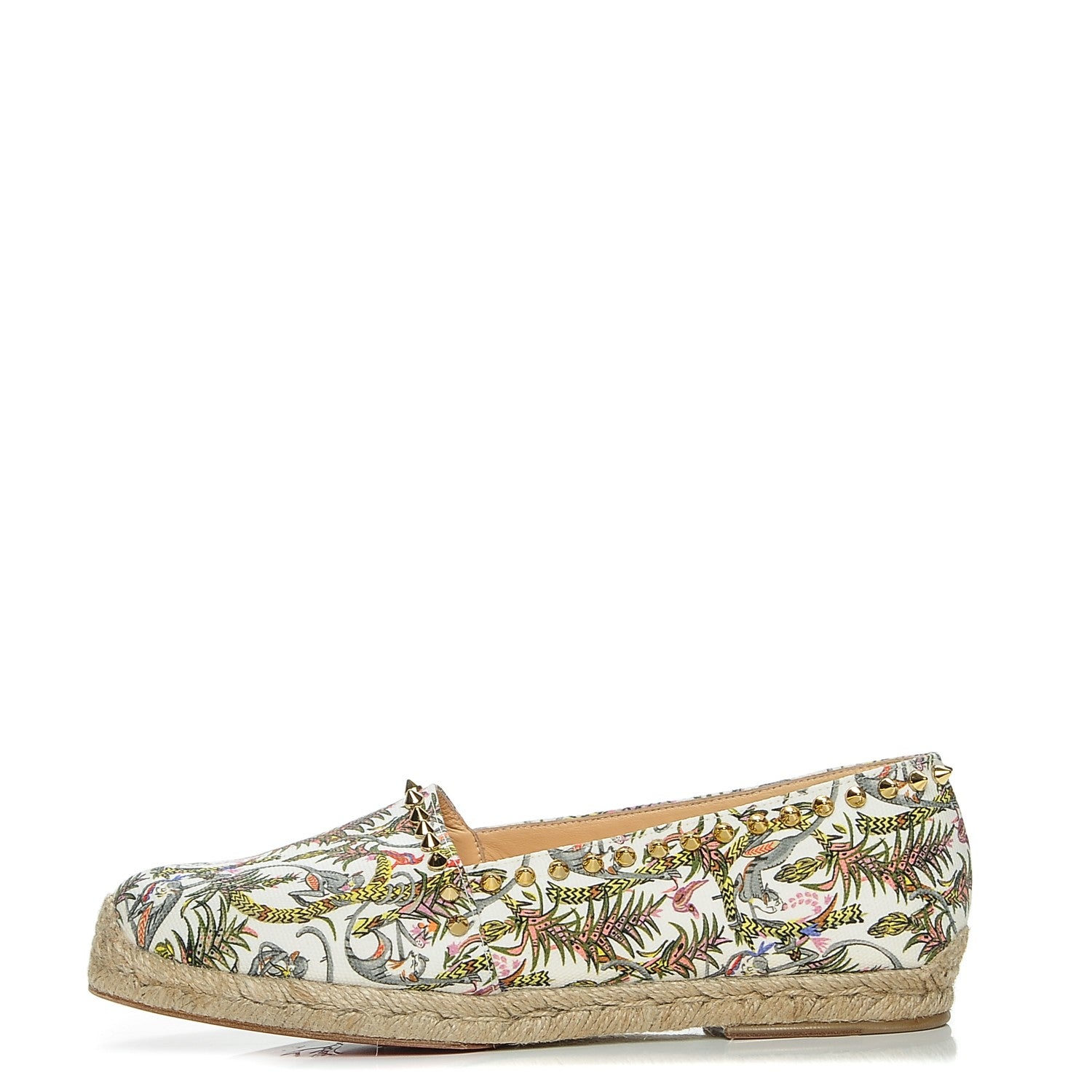 Christian Louboutin CHRISTIAN LOUBOUTIN Canvas Loubi Jungle Print Ares Spikes Flat Espadrilles 40 Ivory 1 of 7