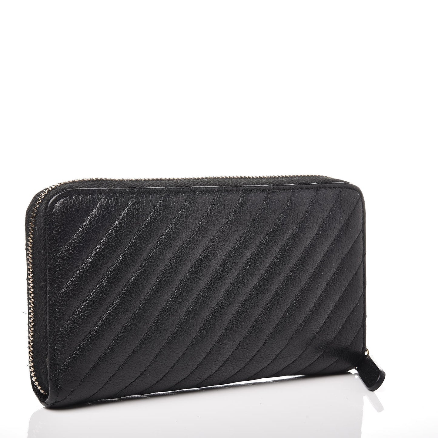 Shiny Goatskin Diagonal Quilted Small Zip Around Wallet Black