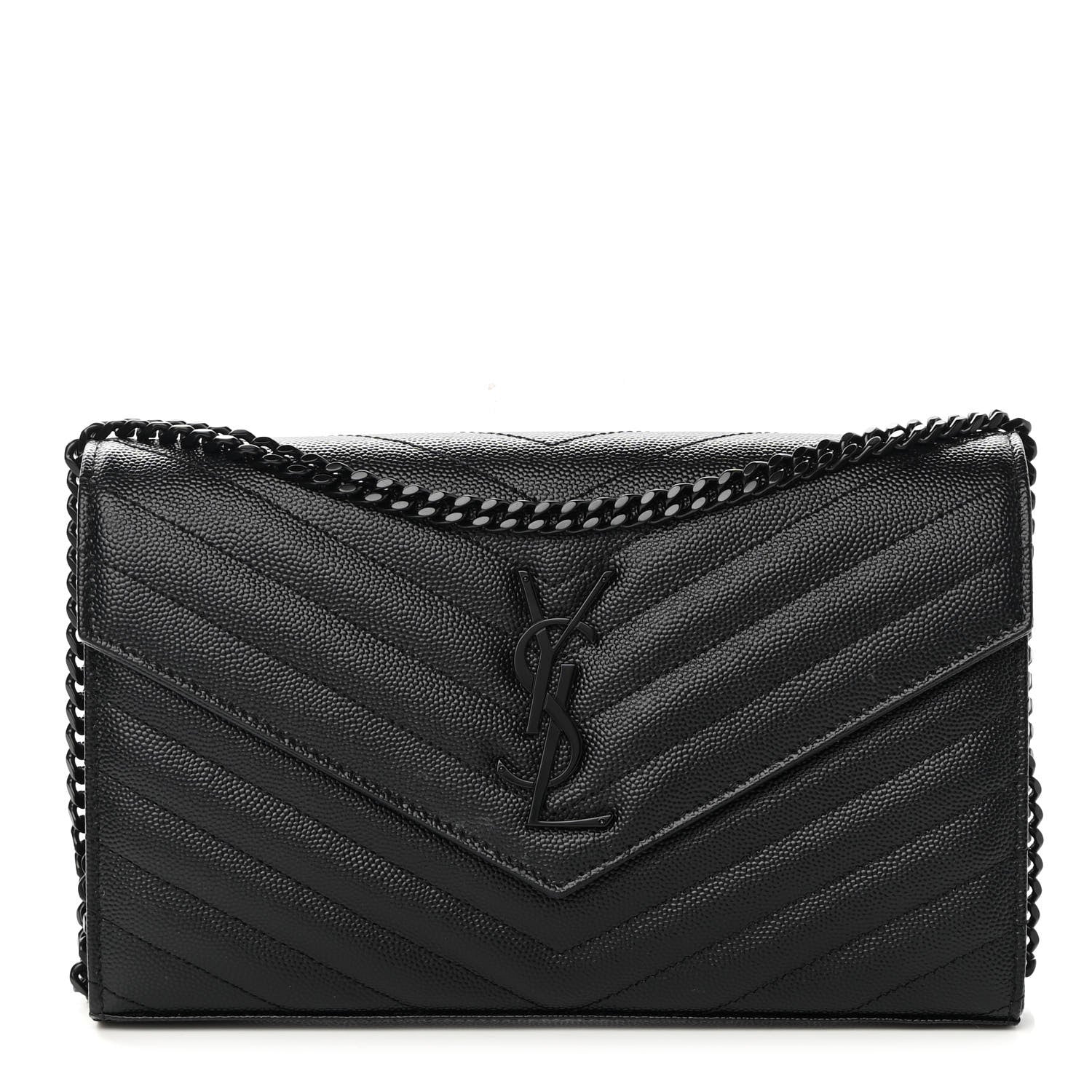 Saint Laurent Grain De Poudre Matelasse Chevron Monogram Chain Wallet Black 1 of 12