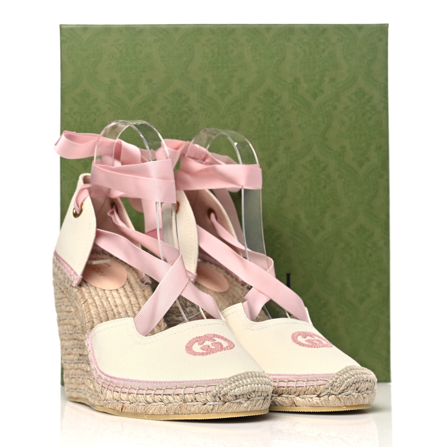 Gucci Canvas Grossgrain Embroidered Judit Ankle Wrap Platform 35/120mm Espadrille Wedges 38.5 White Shell 8 of 8