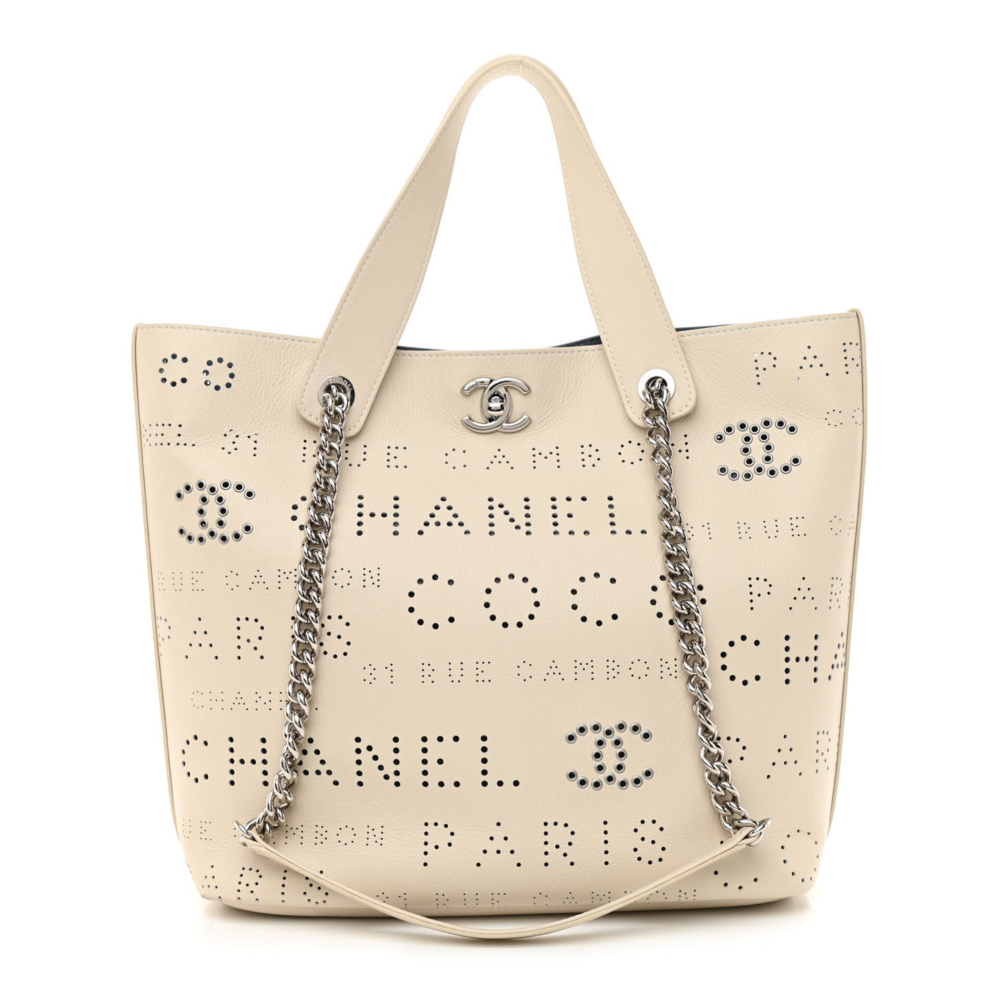 Calfskin Tweed Small Logo Eyelets Shopping Tote Beige