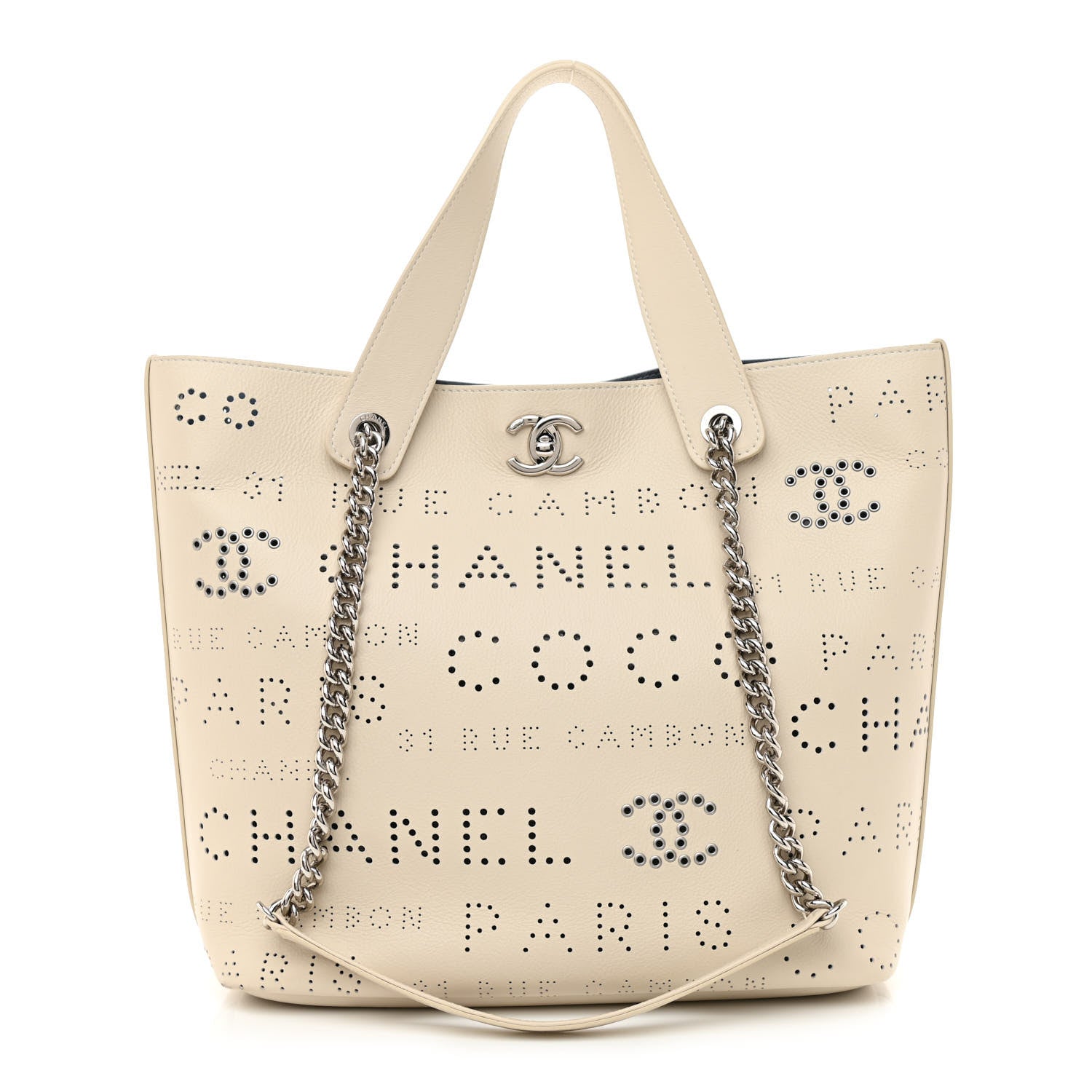 Chanel Calfskin Tweed Small Logo Eyelets Shopping Tote Beige 3 of 12